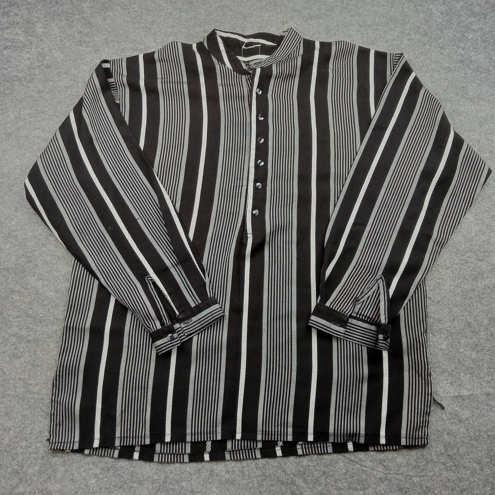 Bill Robinson Shirt Mens XL Black Gray Henley Band Collar‎ Popover Striped Dress